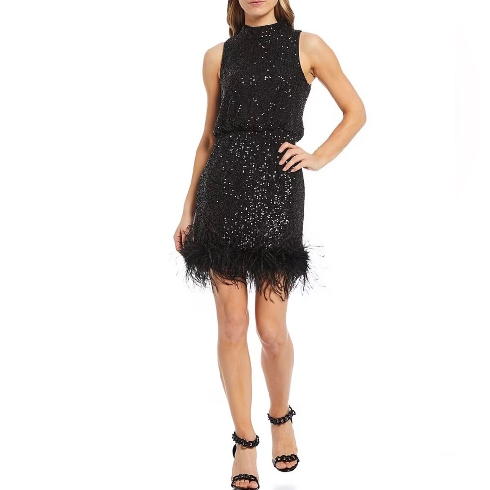 NWT/Mock Neck Feather Hem Blouson Waist Sequin Sleeveless Dress